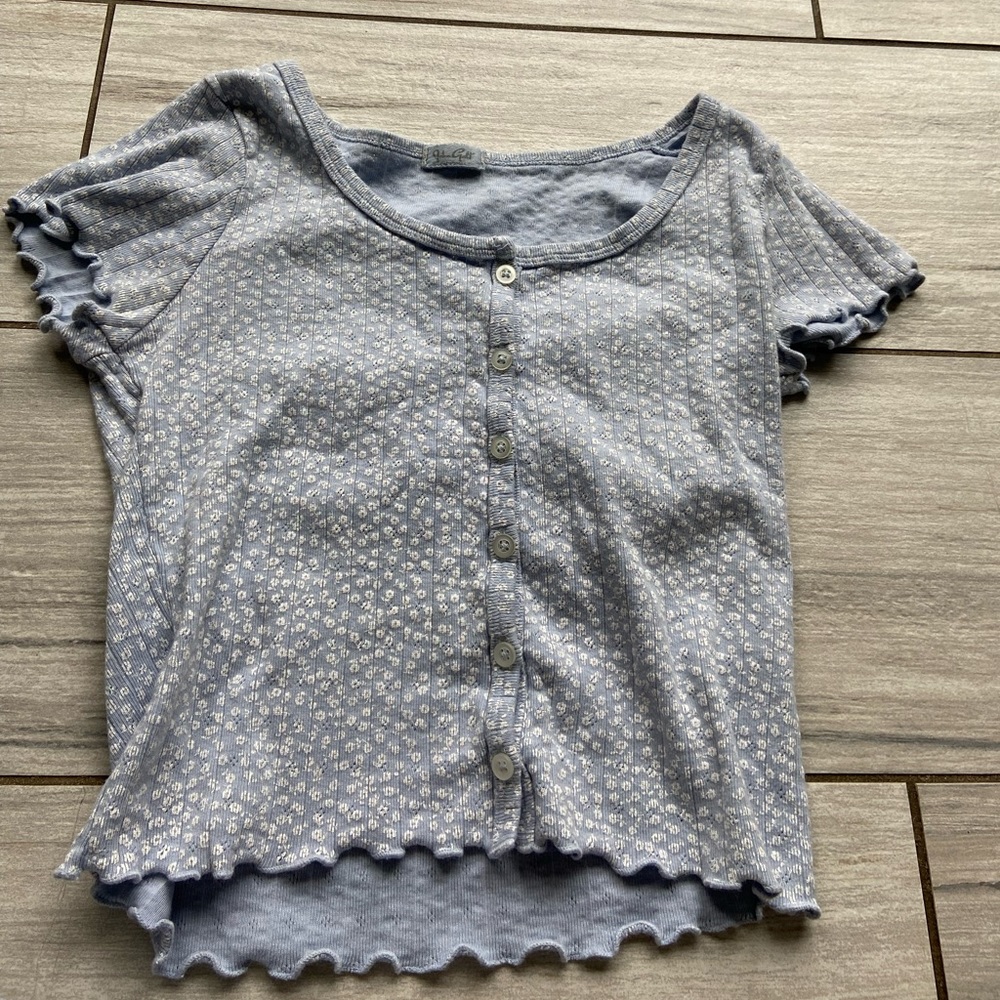 Light blue with white floral design button down top